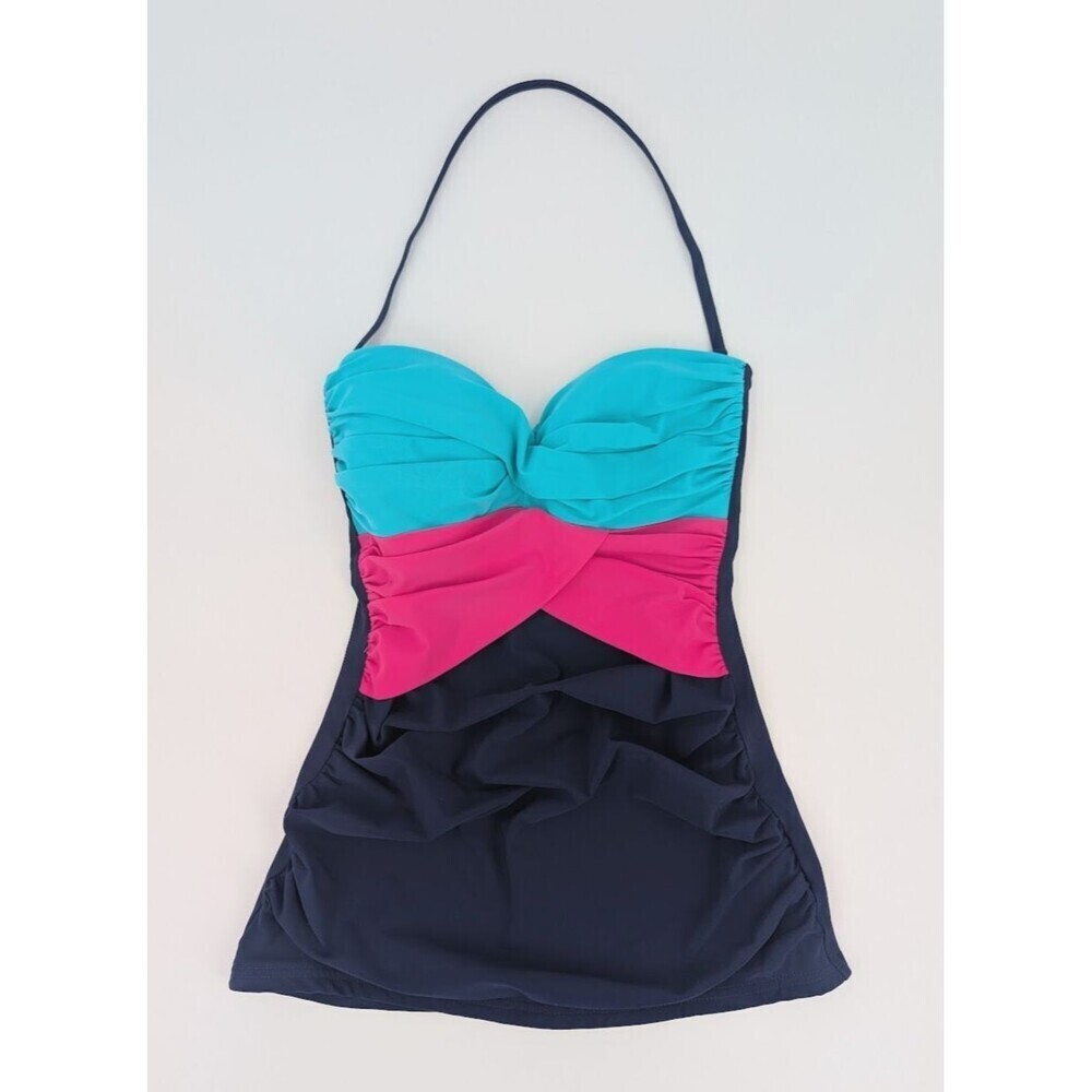 Profile by‎ Gottex Tankini Top Womens 6 Blue Color Block Ruched Halter Swimsuit